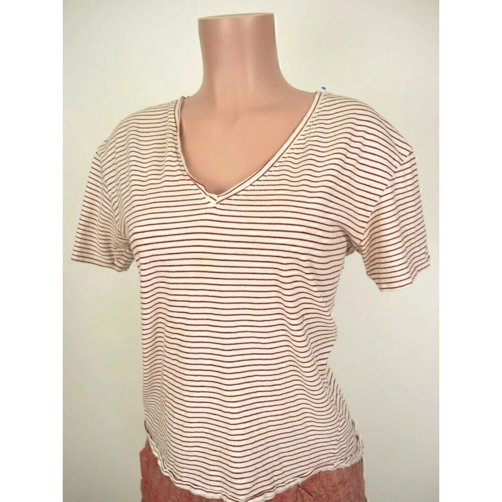 Zara Top Womens Small V-Neck Red White Stripe Short Sleeve T-Shirt Size Small